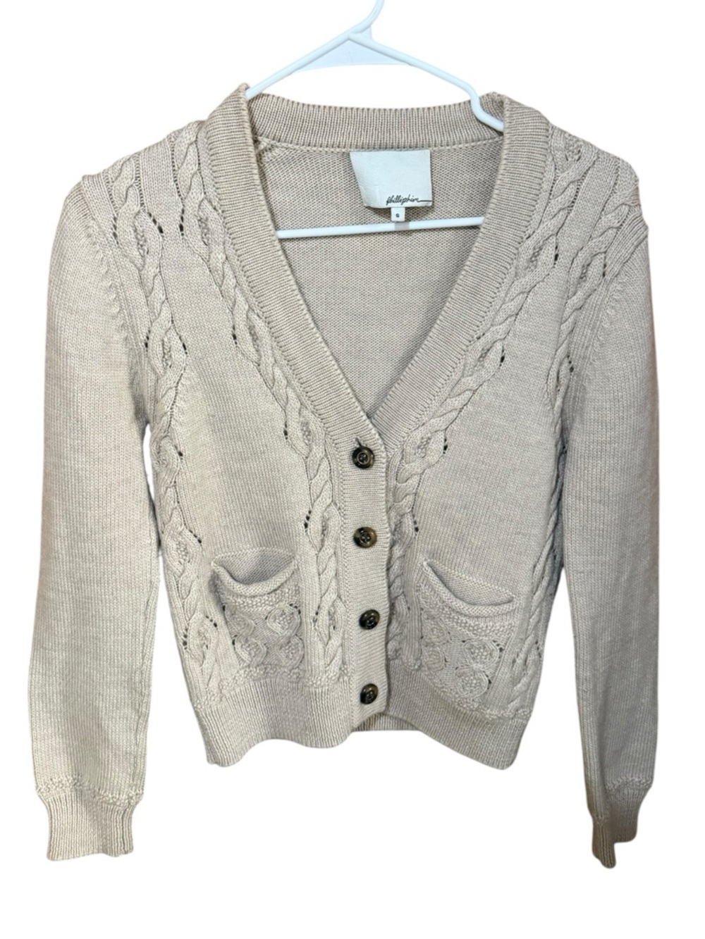 3.1 Phillip Lim 100% Merino Wool Beige Cable Knit V-Neck Button Down Cardigan